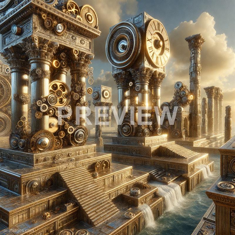 The image depicts an ancient, mythic cityscape with grandiose, ornate ruins of classical columns and structures, many of which are partially submerged in water. The buildings are decorated with numerous gears and mechanical components, blending classical architecture with steampunk elements. The sky above is partly cloudy and golden, casting a warm glow over the scene, enhancing the fantastical and timeless atmosphere.
